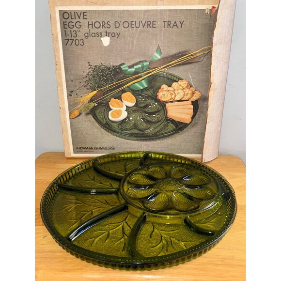 Indiana Glass Co Olive Deviled Egg & Hors d'oeuvre Tray 13" Glass 7703 NOS Box - Picture 1 of 6